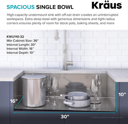 KRAUS Kore Workstation 32-inch Undermount 16 Gauge Stainless Kitchen Sink, Single Bowl Kitchen Sink with 3/4 HP Garbage Disposal, KWU110-32-100-75MB