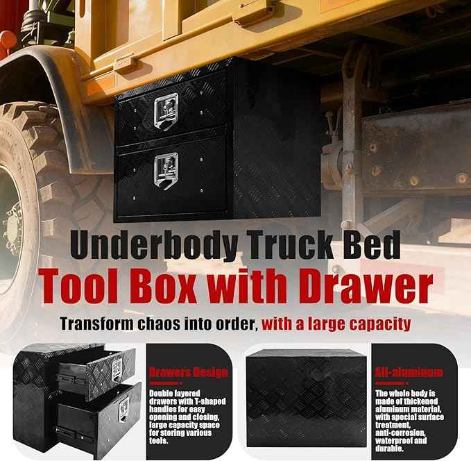 Underbody Truck Tool Box 24"x 18"x 20" Heavy Duty Double-Layer Aluminum Truck Bed Toolbox with Double-Layer Drawer Tools Storage Organizer with Lock and Keys Suitable for Truck Bed Pickup RV Trailer