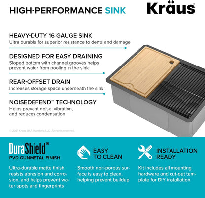 KRAUS Kore Workstation 27-inch Undermount 16 Gauge Black Stainless Kitchen Sink, Single Bowl Kitchen Sink in PVD Gunmetal Finish with Accessories, KWU110-27-PGM