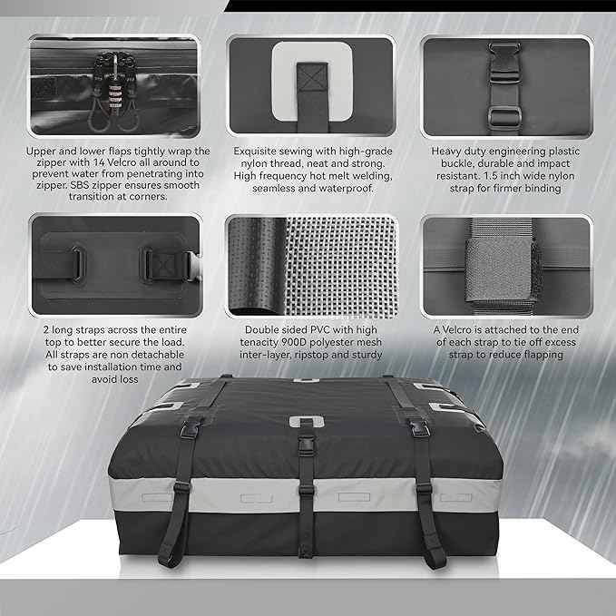MARCHWAY Waterproof Car Roof Luggage Bag, Weatherproof Soft Shell Rooftop Cargo Carrier Bag for Vehicles with or Without Rack. 6 Door Hooks, Anti Slip Mat, Lock Included (15 Cubic Feet, Black)
