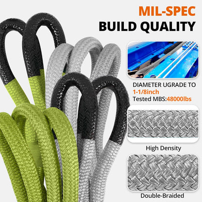 Kinetic Recovery Tow Rope 1-1/8" x20ft Offroad Snatch Strap 48000lbs Heavy Duty Towing Straps Kit for Trucks SUV UTV ATV Tractor Car Jeep - Solid Gray