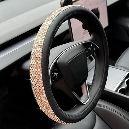 PINCTROT Bling Comfy Steering Wheel Cover for Tesla Model Y/3 Highland/Juniper, D Shaped 14 Inch Small Sized with Jumbo Crystal Rhinestones, Flat Bottom with Anti-Slip Diamond Leather (Gold)