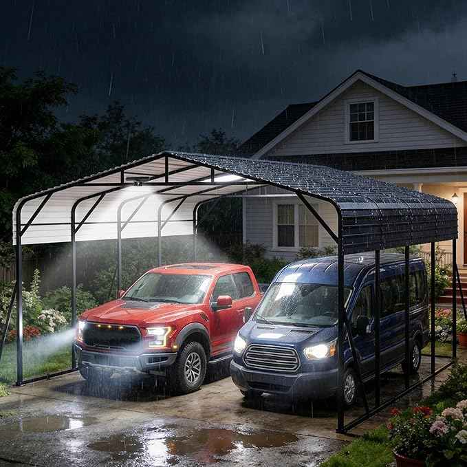20x20FT Heavy Duty Metal Carport for 2 Cars, Outdoor Portable Car Garage w/Led Light,Reinforced Base and Galvanized Steel Roof, Outdoor Car Port Canopy Shelter for Boats, Full-Sized Pickup Trucks