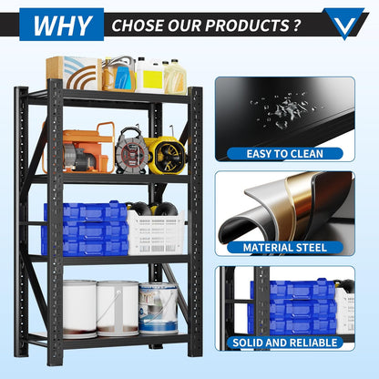3000LBS Garage Shelving 32" W Garage Shelving Heavy Duty 4-Tier Metal Storage Shelves Adjustable Shelf Unit Storage Rack for Basement Supermarket Warehouse 32" W x 20" D x 63" H Black