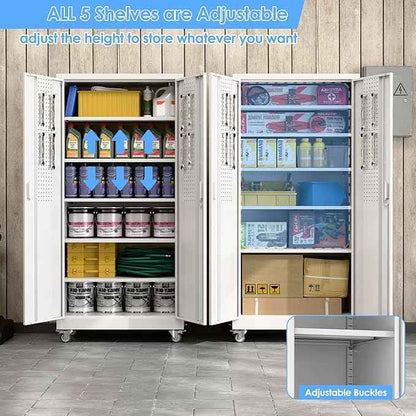 Aobabo Upgraded Garage Storage Cabinets with Wheels,Metal Storage Cabinets with 5 Adjustable Shelves for Garage Home Office Storage,White,71''H*34''W*18''D,Assembly Required