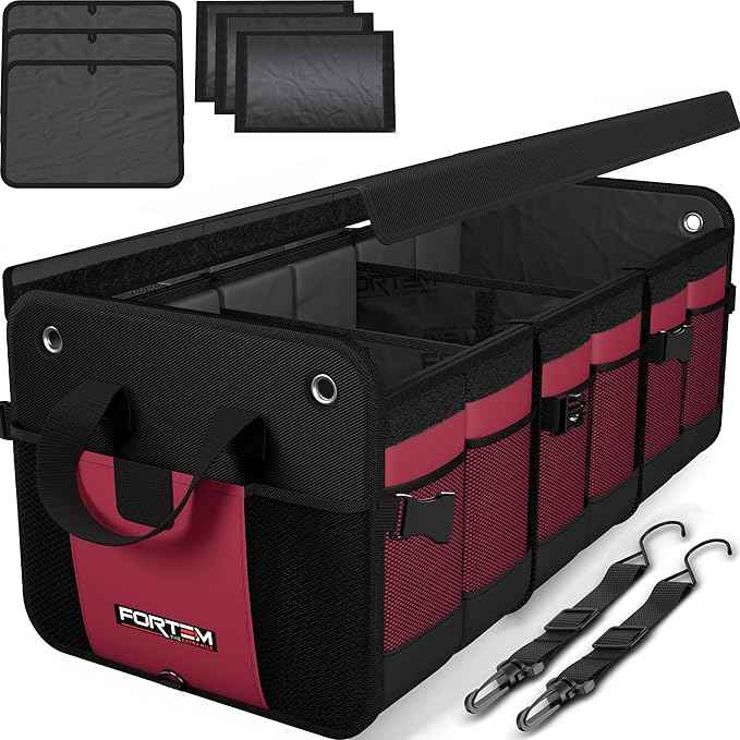 FORTEM Trunk Organizer For SUV Car Organizer and Storage, Multi-Compartment Storage Bag Car Accessories for Women Men, Perfect Christmas Gifts, 1680D Oxford, Non Slip Bottom, Straps, Soft Cover (90L)
