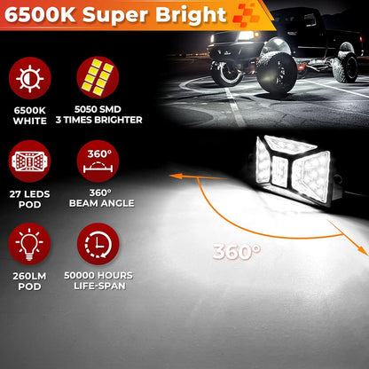 12 Pods Pure White LED Rock Lights Kit with Switch Wiring Harness,6500K 324 LEDs Bright Rock Lights for Trucks,Waterproof Underglow Light for Car Jeep Off Road ATV UTV SUV