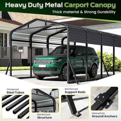 12x20FT Heavy Duty Metal Carport, Outdoor Portable Car Garage w/Reinforced Support Rods & Windproof Ground Anchors, All-Season Versatile Outdoor Shelter for Car Boats Truck
