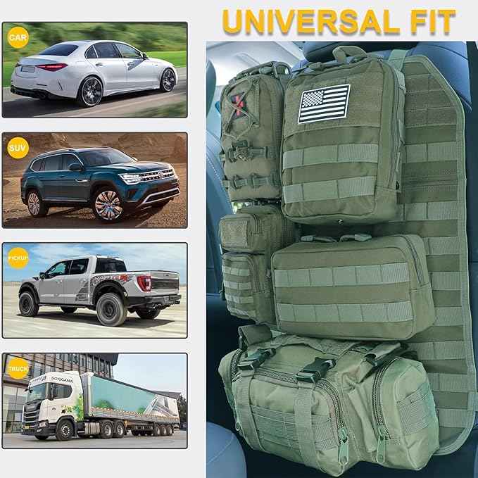 Universal Tactical Car Seat Back Organizer Bag Tactical Molle Vehicle Organizers Panel Vehicle Protector Organizers with 5 Detachable Pouches for Car Truck Ford Jeep (Model A-Army green)