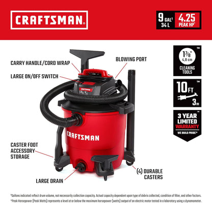 CRAFTSMAN CMXEVBE18590 9 Gallon 4.25 Peak HP Wet Dry Vac, Portable Shop Vacuum Wet and Dry with Filter, 3 Dust Bags, Hose and Attachments for Home, Garage and Automotive Cleaning
