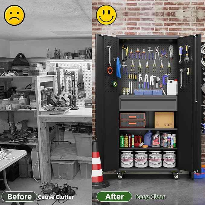 Aobabo Garage Storage Cabinet with Wheels, Metal Tool Storage Cabinet with 1 Drawer for Home,Assembly Required,Black