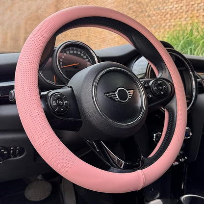 PINCTROT Nappa Leather Steering Wheel Cover, Slim Fit No Bulk Design, One Piece Leather with Breathable Perforation, Fit Like Gloves, Universal 14.5-15 Inch(Nappa Pink)