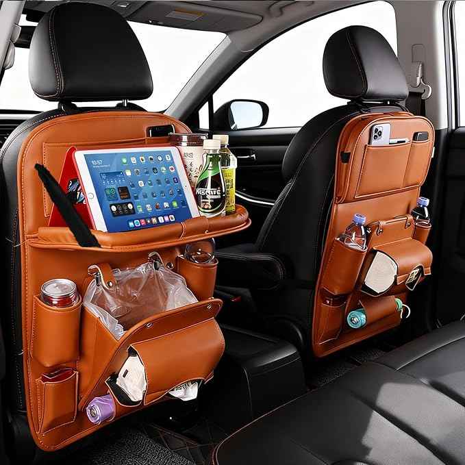 Car Seat Organizer, Multifunctional Backseat Protector Mat, Storage Bag and Tray Rack, Trash Storage (Suitable for Cars, Children, Back of Seats, and Rear Seats) (Brown, Leather 1-Piece Set)