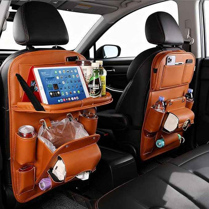 Car Seat Organizer, Multifunctional Backseat Protector Mat, Storage Bag and Tray Rack, Trash Storage (Suitable for Cars, Children, Back of Seats, and Rear Seats) (Brown, Leather 1-Piece Set)