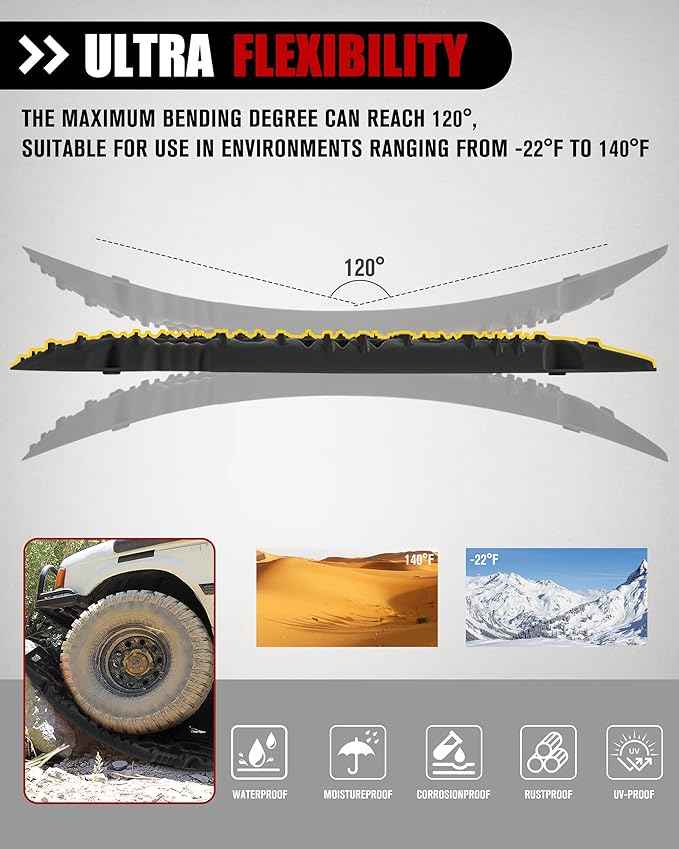 FieryRed Traction Boards Offroad, Recovery Boards with Jack Lift Base, 2Pcs Traction Mat Recovery Tracks for Sand Mud Snow Track Tire Ladder 4X4, Come with 2 Leashes, Black GEN2th