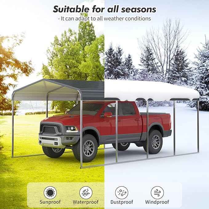 12x20 Metal Carport, Heavy Duty Carport, Shelter with Galvanized Metal Roof and Updated Frame, Car Canopy Garage for Car, Pickup, Boats and Tractors
