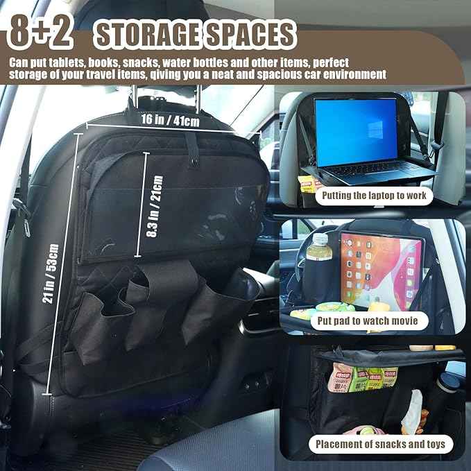 Car Seat Organizers,Multi-functional Back Seat Protectors, Storage Pouches, Child kicking prevention and Tray Holders Kick Mats Back (for Cars, Kids,and Rear Seats) (Black, 2 Pack with Food Tray)