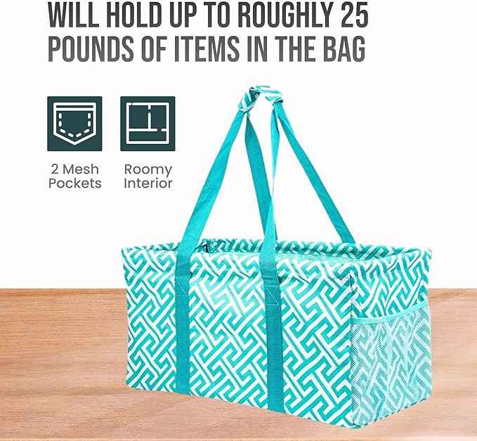 Extra Large Utility Tote Bag - Oversized Collapsible Reusable Wire Frame Rectangular Canvas Basket With Two Exterior Pockets For Beach, Pool, Laundry, Car Trunk, Storage - Geometric Teal