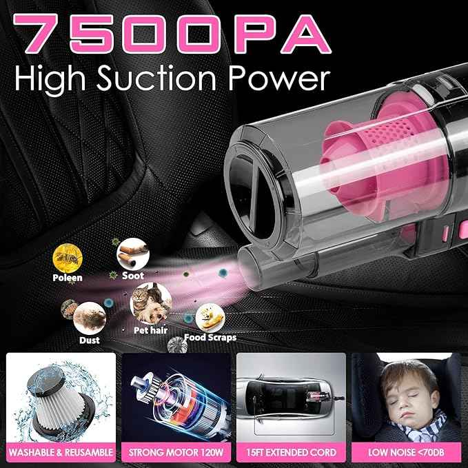 Viewsun 17pcs Car Cleaning Kit, Pink Car Interior Detailing Kit with High Power Handheld Vacuum, Detailing Brush Set, Windshield Cleaner, Cleaning Gel, Complete Auto Accessories for Women Gift