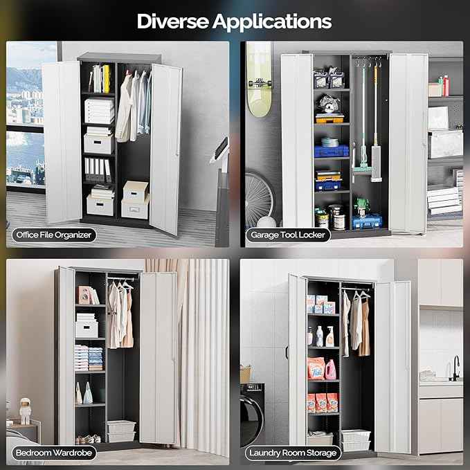 VINGLI Metal Storage Cabinet with Hanging Rod, 4 Adjustable Shelves, Lock Doors with Modern Gray Pattern Design, Armoire Wardrobe Closet Tool Functional Cabinet for Home, Office, Garage (Gray & Black)