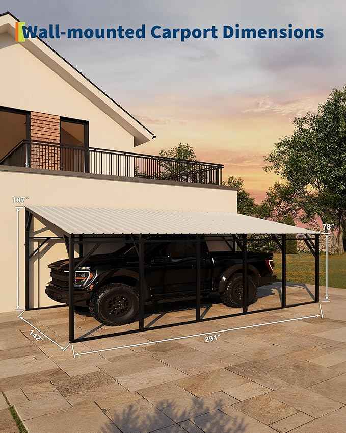 Garvee 12x25 ft Lean-to Metal Carport, Vertical Roof Wall-Mounted Car Port for Snow Shedding, Heavy-Duty 19-Ga. Steel Frame, 107" to 78" Height for Long-Bed Pickup & SUV