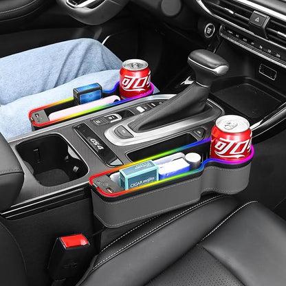 7 Color Led Car Seat Gap Organizer with 56W Type C USB Charging Multifunctional Front Seat Organizer with Cup Holder Console Organizer Seat Gap Filler with Vibe Lamp for Andriod iPhone Grey