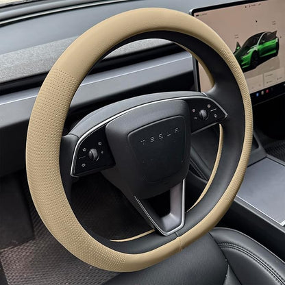 PINCTROT Nappa Leather Steering Wheel Cover for Tesla Model Y/3 Highland/Juniper, D Shaped 14 Inch Small Sized with Breathable Perforation, Fit Like Gloves, Flat Bottom 14 Inch(Nappa Light Taupe)