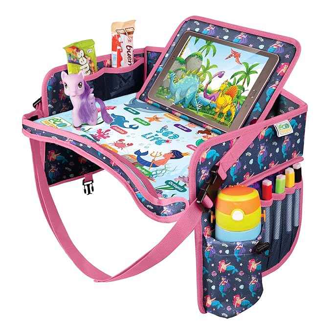Kids Travel Tray - Waterproof Lap Table with No-Drop Large Tablet Holder - Car Seat Tray - Road Trip Essentials Kids - Car Desk Organizer for Airplane - Toddler Travel Essentials(MERMAID)