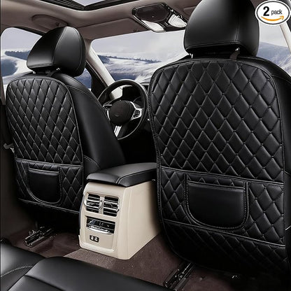 Leatherette Car Seat Protector - 2 Pack Large Car Kick Mats with Storage Pockets Organizer Seat Back Cover Against Dirty Shoes & Scratches, Universal Fit for Most Vehicles (Black)
