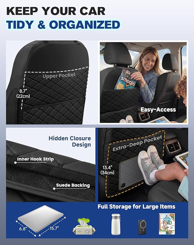Seat Back Protectors for Kids, Car Kick Mats for Back of Front Seats with Large Pocket Organizer, Waterproof, Protects Against Dirt, Scuffs & Scratches, Fits Most Vehicles, 2PCS (Gray)