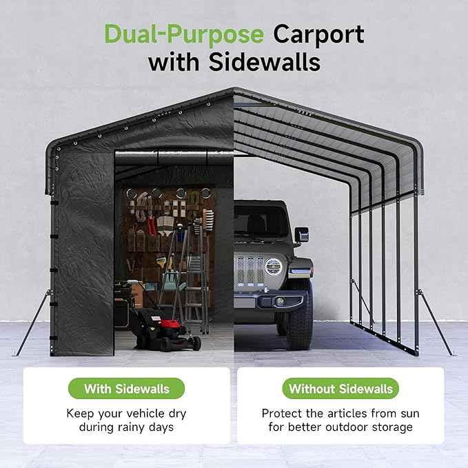 13x26FT Heavy Duty Metal Carport,Outdoor Garage with Removable Sidewalls & Doors, Heavy Duty Steel Frame and Galvanized Roof for Cars and Boats, Gray