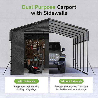 13x26FT Heavy Duty Metal Carport,Outdoor Garage with Removable Sidewalls & Doors, Heavy Duty Steel Frame and Galvanized Roof for Cars and Boats, Gray