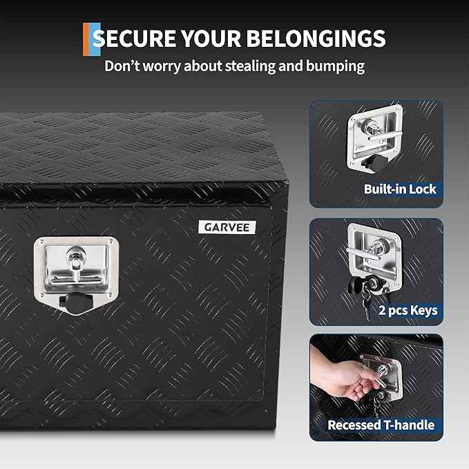 Garvee 36"x14"x16" Underbody Truck Tool Box - Heavy Duty Aluminum Diamond Plate Lockable Storage Box with T-Handle Latch & Keys, Waterproof Pickup Trailer Van Under-Vehicle Cargo Box, Black