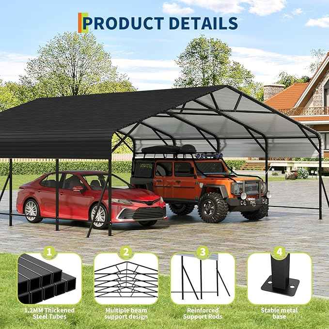 20x20x9FT Metal Car Port, Oversized Metal Garage with Steel Frame, Heavy Duty Carports for Car, Boats, Tractor