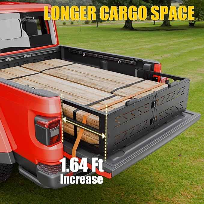 Truck Bed Extender Compatible with 2020-2026 Jeep Gladiator Flip-Over Pickup Bed Divider Aluminum Alloy Rotatable Tailgate Extension for 2025 Gladiator Accessories