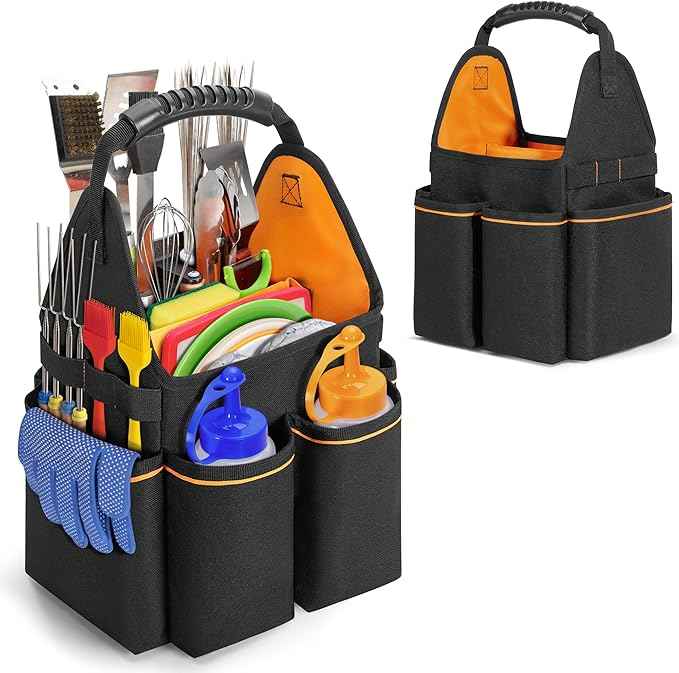 Grill Utensil Storage Bag, Portable BBQ Tool Caddy with Divider & Boards, Large Grilling Tool Box with Pockets & Handle, Outdoor Barbecue Accessories Case for Camping & Kitchen, Bag Only