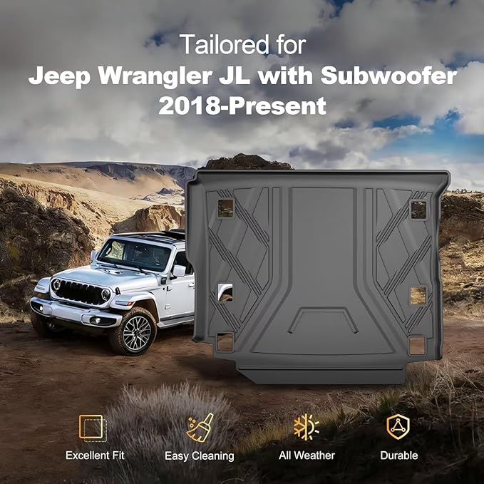 Cargo Mat fit for 2018-2026 Jeep Wrangler JL 4X4 with OEM Subwoofer, All-Weather Guard Trunk Mat Cargo Liners Heavy Duty Waterproof Odorless Durable Wrangler JL 4 Door - NOT FIT 4XE OR JK