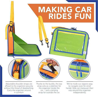 Car Organizer Back Seat for Kids & Tablet Holder for Car with Kick Mats & Lap Tray – Car Accessories Interior Must Have Road Trip Essentials (Age 3+) – Fold Away Tray with Car Seat Pocket Holders