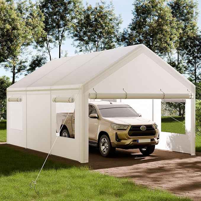 Shintenchi Portable Garage Canopy,10x20 FT Heavy-Duty Design Carport,Carport Canopy with Side-Opening Removable Door & Roll-Up Window,Portable Car Port for Car, Truck, Boat,White