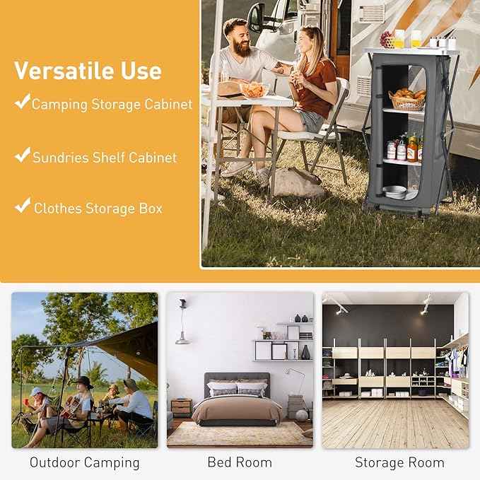 Goplus Folding Camping Storage Cabinet, Pop Up Outdoor Camping Kitchen Station with Large 3-Tier Storage Organizer, Carry Bag, Easy Set Up Portable Compact Camping Table for BBQ Picnic Backyard (47'')