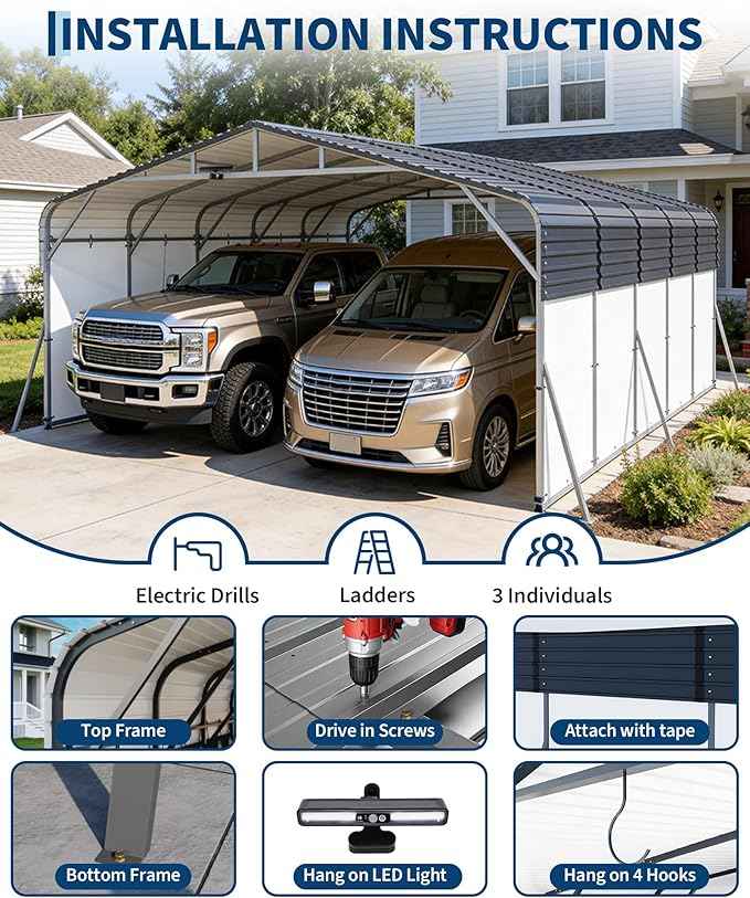 20x25FT Metal Carport Heavy-Duty Build with LED Light & Galvanized Steel Roof, Reinforced Stable Structure with Removable PE Sidewalls, Spacious Versatile Shelter for Cars, Boats, and Events