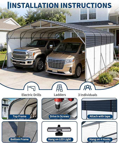 20x25FT Heavy Duty Metal Carport,Outdoor Portable Car Garage w/Led Light,Removable PE SideReinforced Base & Galvanized Steel Roof, Outdoor Car Port Canopy Shelter for Boats, Trucks