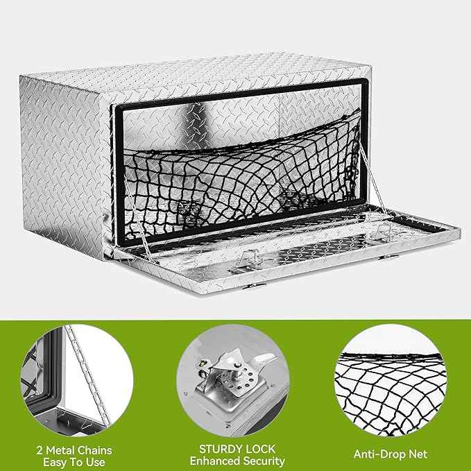 AUTOSAVER88 36 Inch Underbody Tool Box, Heavy Duty Aluminum Diamond Plate Toolbox Chest Storage Organizer, Waterproof Chest Storage Box with Lock for Trucks, Trailers, RVs, Warehouses, Silver