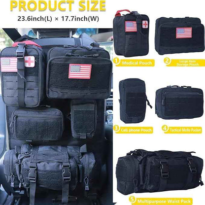 Universal Tactical Car Seat Back Organizer Bag Tactical Molle Vehicle Organizers Panel Vehicle Protector Organizers with 5 Detachable Pouches for Car (Upgraded D Black)