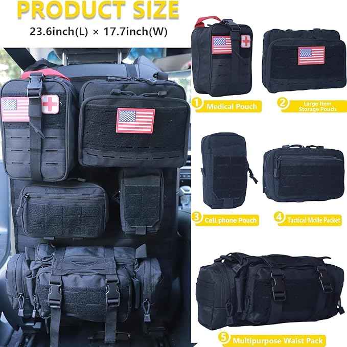 Universal Tactical Car Seat Back Organizer Bag Tactical Molle Vehicle Organizers Panel Vehicle Protector Organizers with 5 Detachable Pouches for Car Truck Ford Jeep (Upgraded D model Black)
