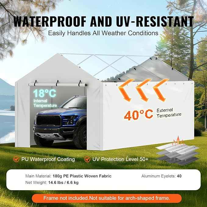 VEVOR Carport Replacement Canopy Cover Side Wall 10 x 20 ft, Garage Tent Shelter Tarp Heavy-Duty Waterproof & UV Protected, Easy Installation with Ball Bungees,White (Top and Frame Not Included)