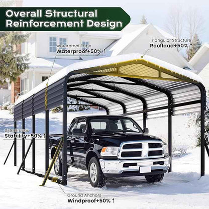 12x20FT Heavy Duty Metal Carport, Outdoor Portable Car Garage w/Reinforced Support Rods & Windproof Ground Anchors, All-Season Versatile Outdoor Shelter for Car Boats Truck