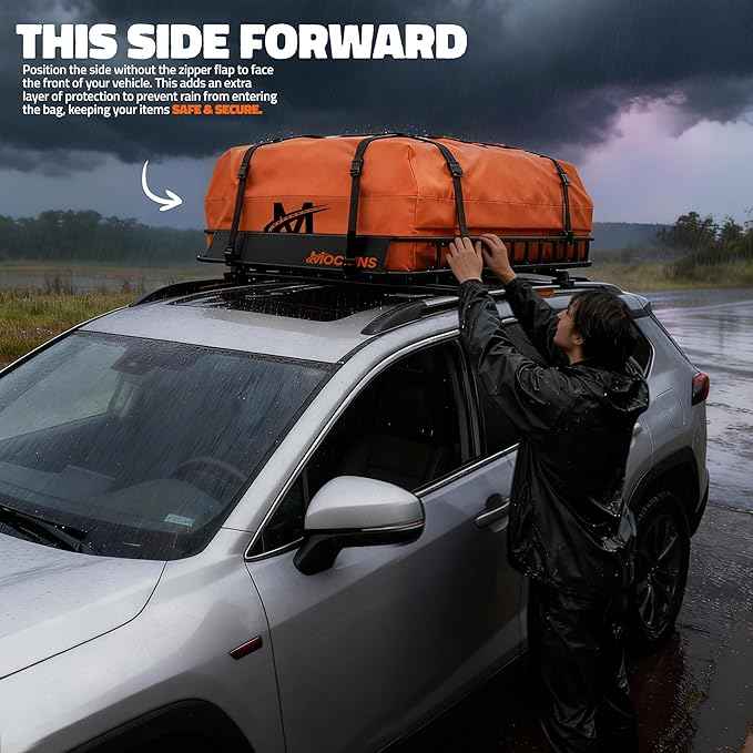 Mockins 50"x36"x4.5" Extendable Rooftop Cargo Carrier & 18 CuFt Orange Waterproof Roof Cargo Bag | 250 Lbs. Capacity Weatherproof SUV & Car Roof Rack Basket with Car Top Carrier Bag & Accessories