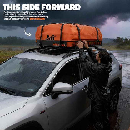 Mockins 50"x36"x4.5" Extendable Rooftop Cargo Carrier & 18 CuFt Orange Waterproof Roof Cargo Bag | 250 Lbs. Capacity Weatherproof SUV & Car Roof Rack Basket with Car Top Carrier Bag & Accessories