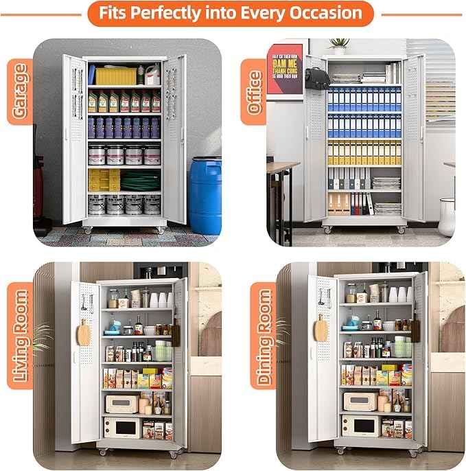 Aobabo Metal Storage Cabinet with Wheels,Heavy Duty Office Storage Cabinet with Lock,Steel Cabinet with 2 Doors and 5 Adjustable Shelves for Office Home School Storage,Required-Assembly White